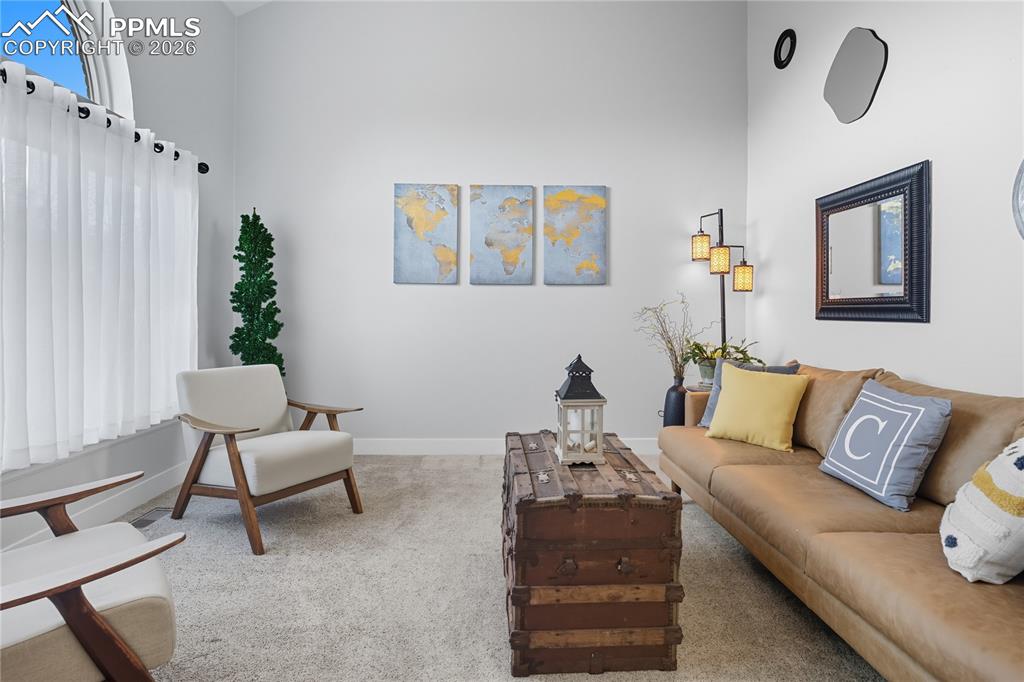 Image 17 of 45: Carpeted living area with baseboards and a high ceiling