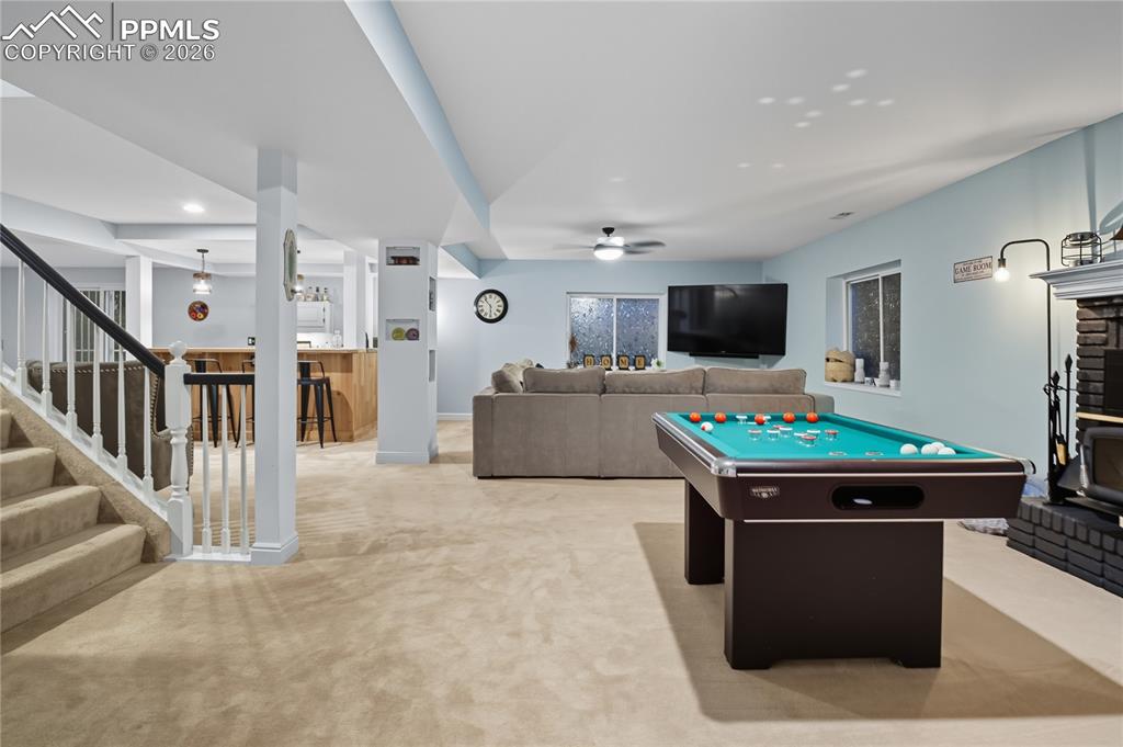 Image 38 of 45: Playroom featuring light colored carpet, billiards, recessed lighting, and 