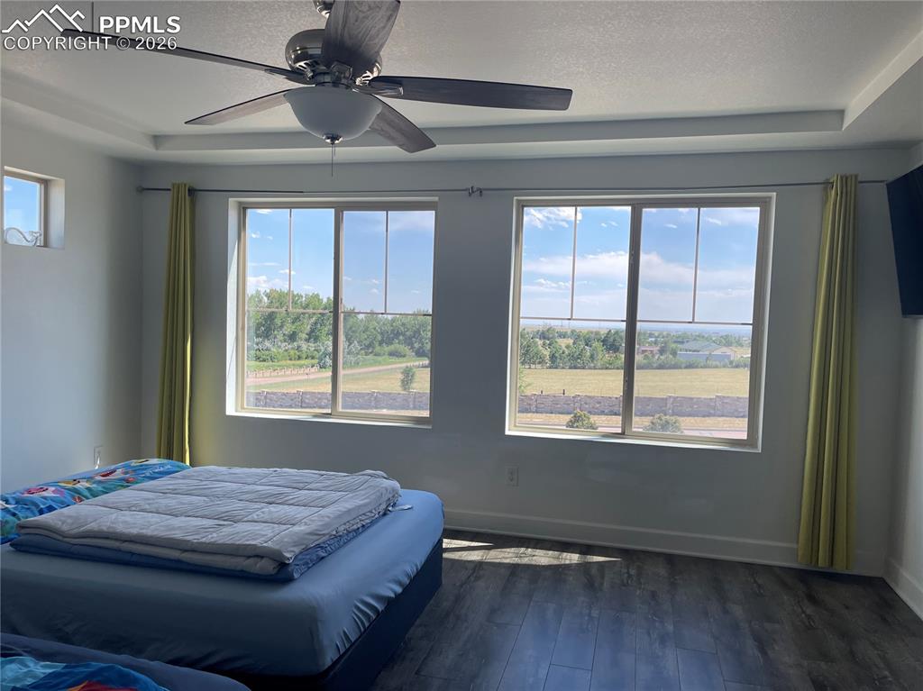 Image 11 of 25: Bedroom featuring dark wood-style flooring, a textured ceiling, a ceiling f