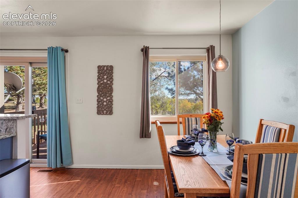 Image 8 of 28: Sliding glass door, wood-finish flooring, single globe pendant light, and w