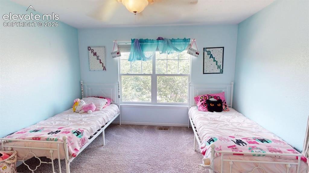 Image 16 of 22: Carpeted flooring, central window, and ceiling light fixture