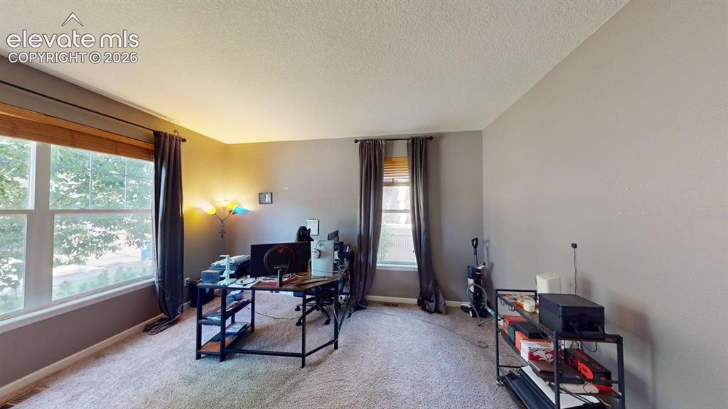 Image 19 of 22: Large windows with horizontal blinds, neutral wall paint, and textured carp