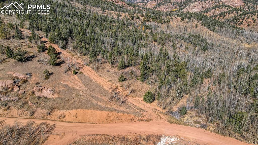 Image 2 of 40: Birds eye view of property with a wooded view