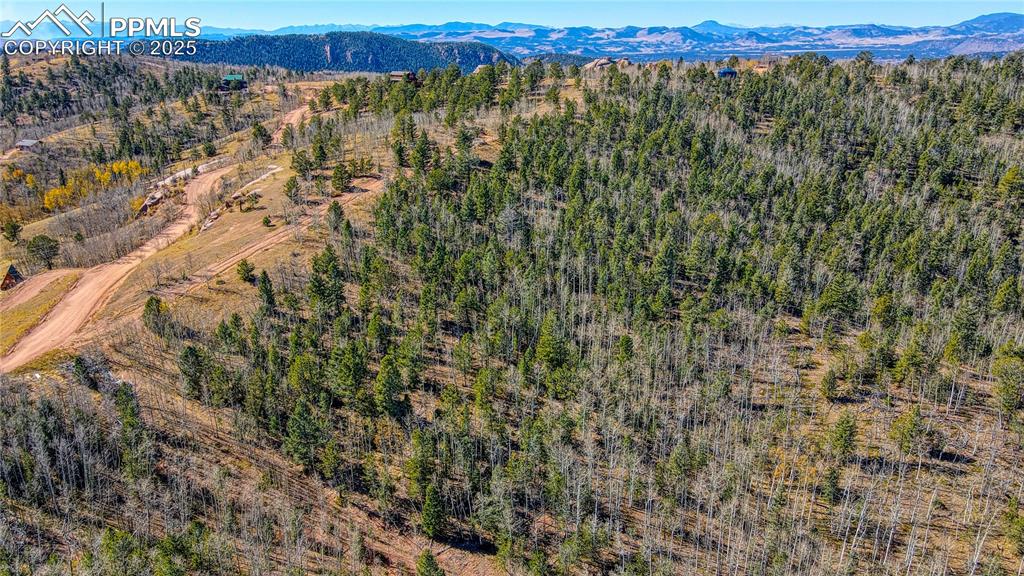 Image 34 of 40: Aerial view with a wooded view and a mountain view