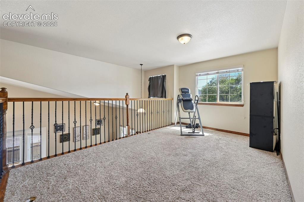 Image 13 of 34: Carpeted loft space featuring an ornamental metal and wood railing, a windo