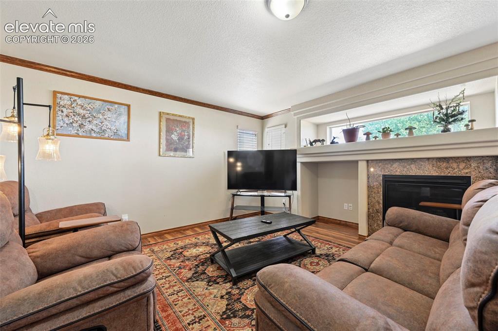 Image 19 of 34: Living area featuring wood-finish flooring, a fireplace with a stone surrou