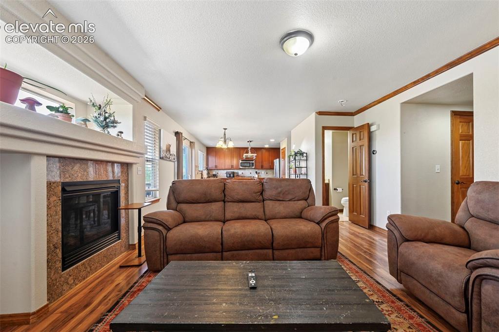 Image 20 of 34: Living area featuring wood-finish flooring, a fireplace with a stone surrou