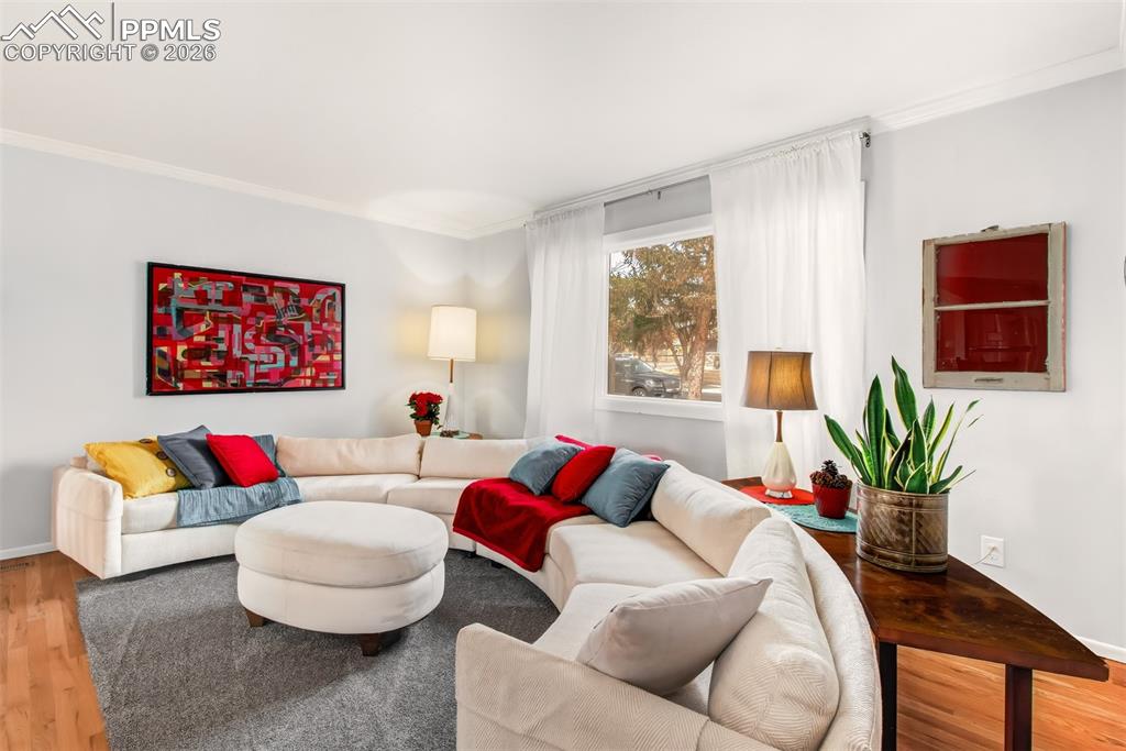Image 3 of 35: Living room with natural hardwood floors