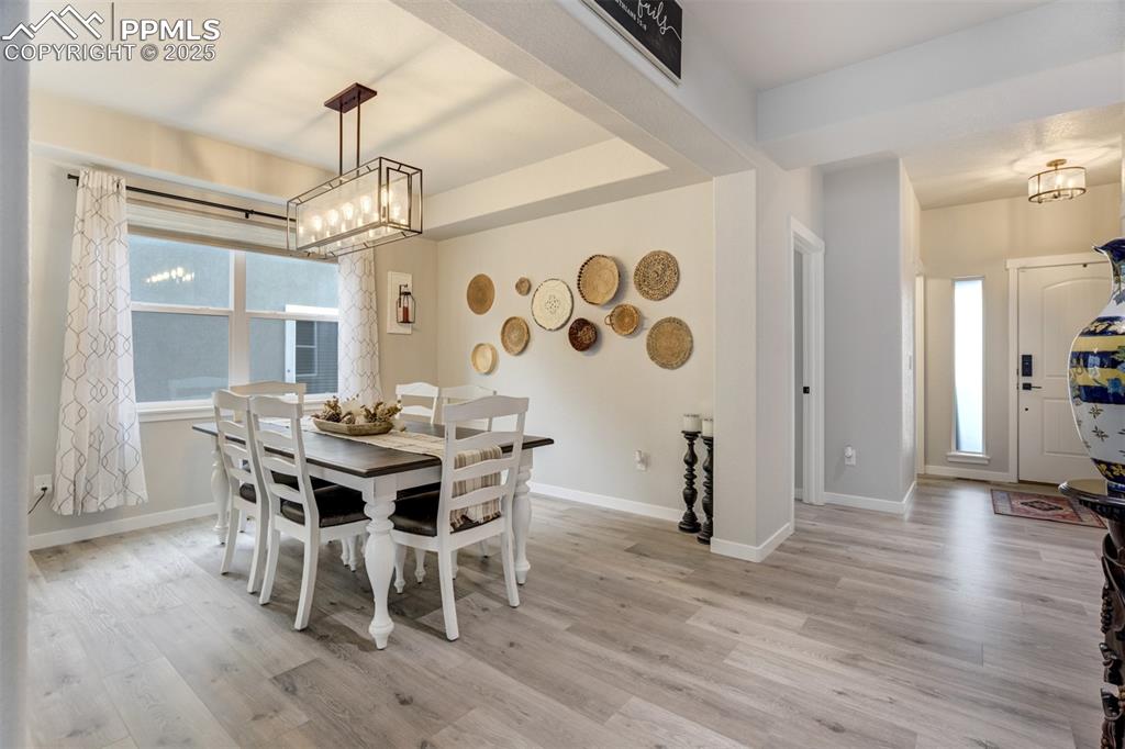 Image 12 of 49: Formal dining room with trey ceiling and beautiful light