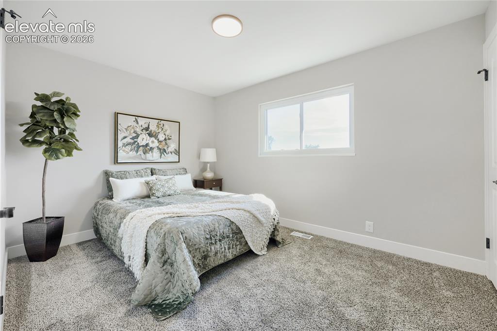 Image 17 of 42: Light gray wall paint, white trim, gray textured carpeting, and a white fra