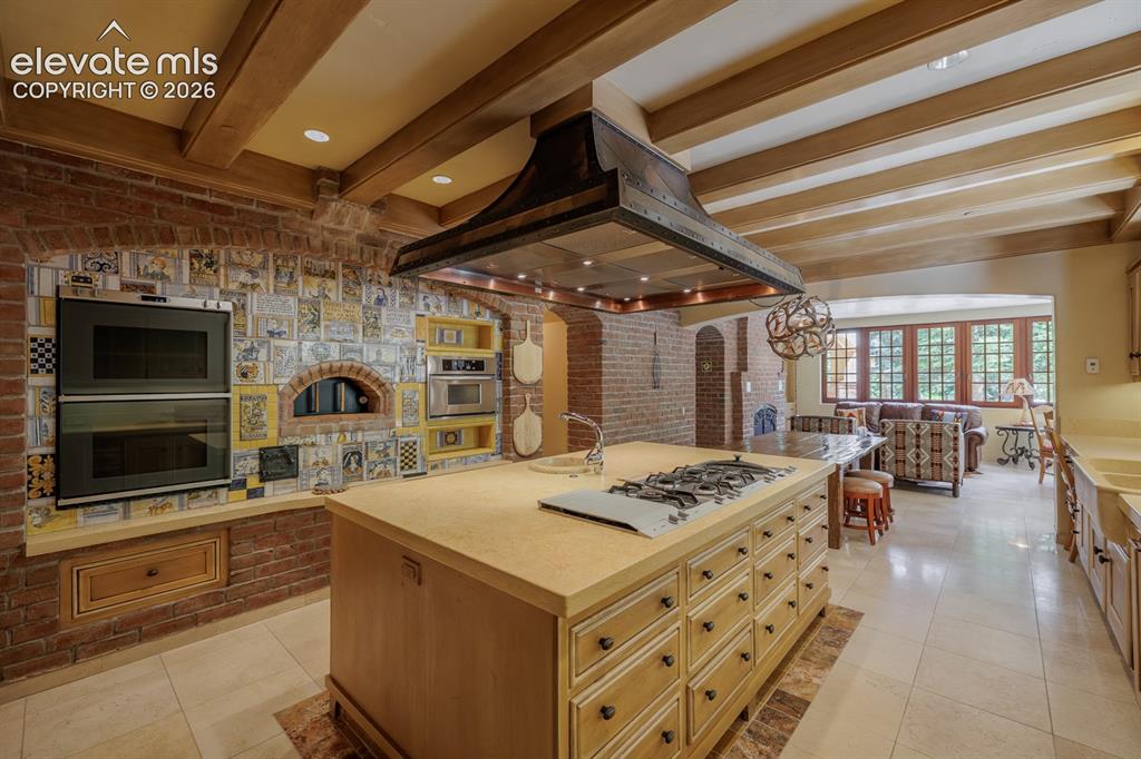 Image 35 of 49: Commercial pizza oven in gourmet kitchen with hand painted tiles