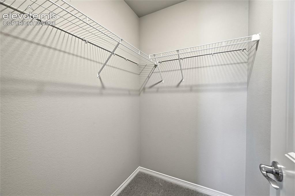 Image 23 of 30: Walk-in closet featuring wire shelving, light gray walls, and gray carpet f