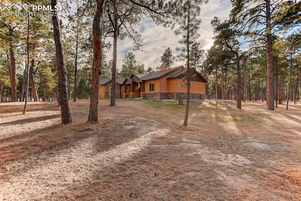 Image 4 of 45: View of side of home featuring a chimney and stone siding