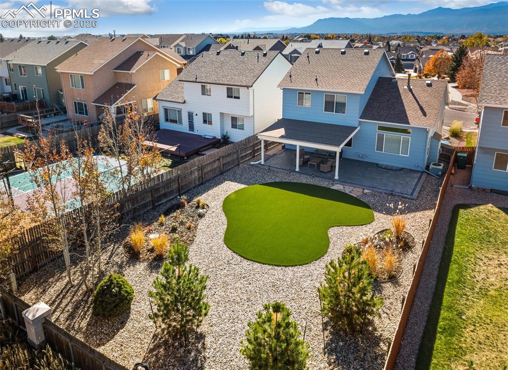 Image 3 of 50: Custom Landscaping with high quality turf and covered patio!