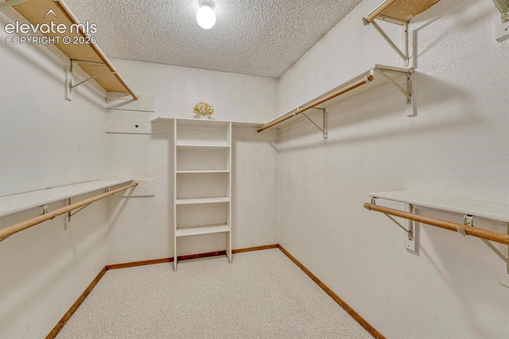 Image 36 of 48: Walk in closet with organizer and built in shelves in the primary bedroom.
