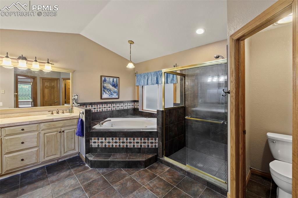 Image 28 of 50: Full bath featuring vanity, lofted ceiling, a shower stall, and a bath