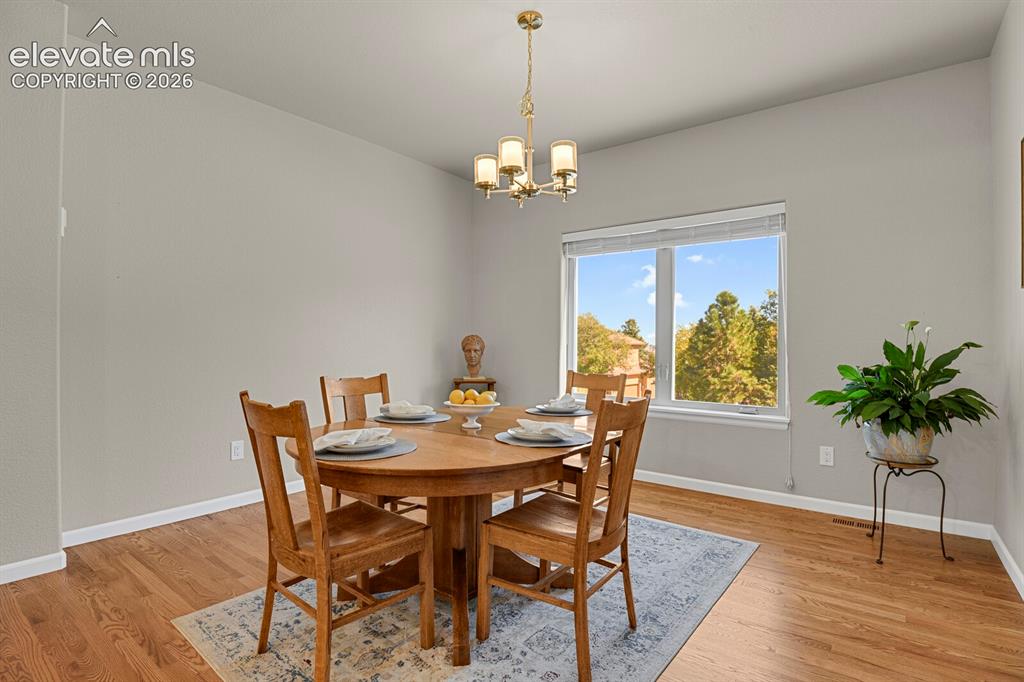 Image 17 of 46: Wood-finish flooring, multi-pane window with custom blinds, and polished br
