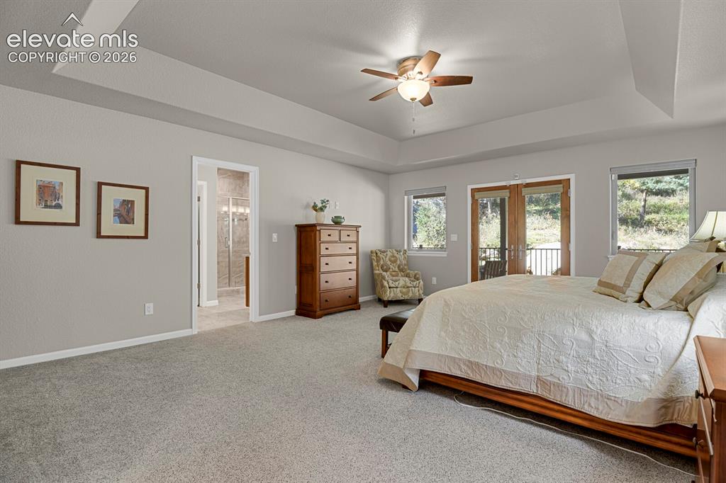 Image 21 of 46: Tray ceiling featuring a central ceiling fan with integrated lighting, expa