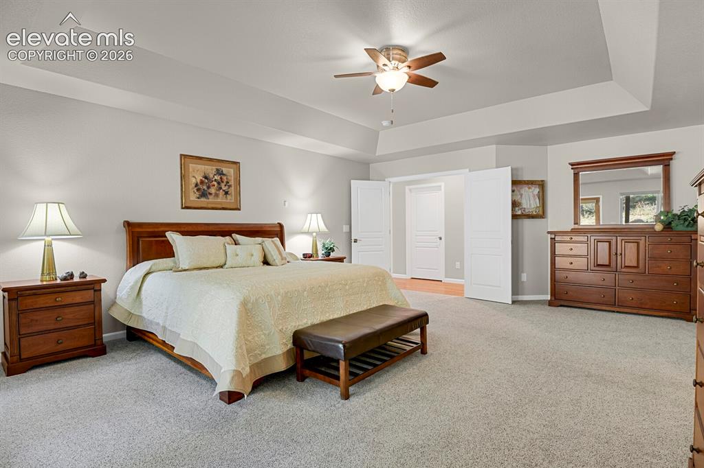 Image 22 of 46: Tray ceiling with central light fixture and ceiling fan, carpeted flooring,