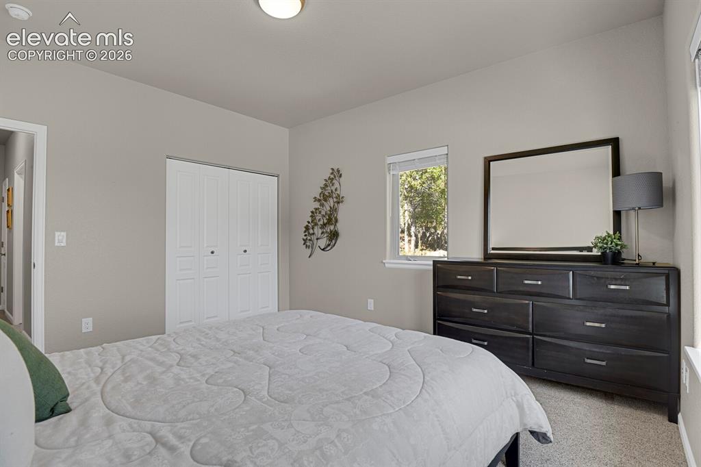 Image 29 of 46: Neutral-toned interior featuring carpeting, a white dual-panel closet door,