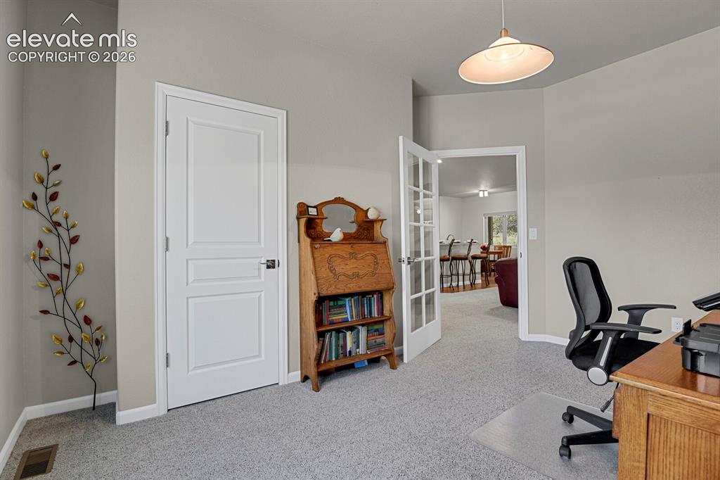 Image 31 of 46: Neutral-toned interior featuring carpeted flooring, a paneled solid-core do