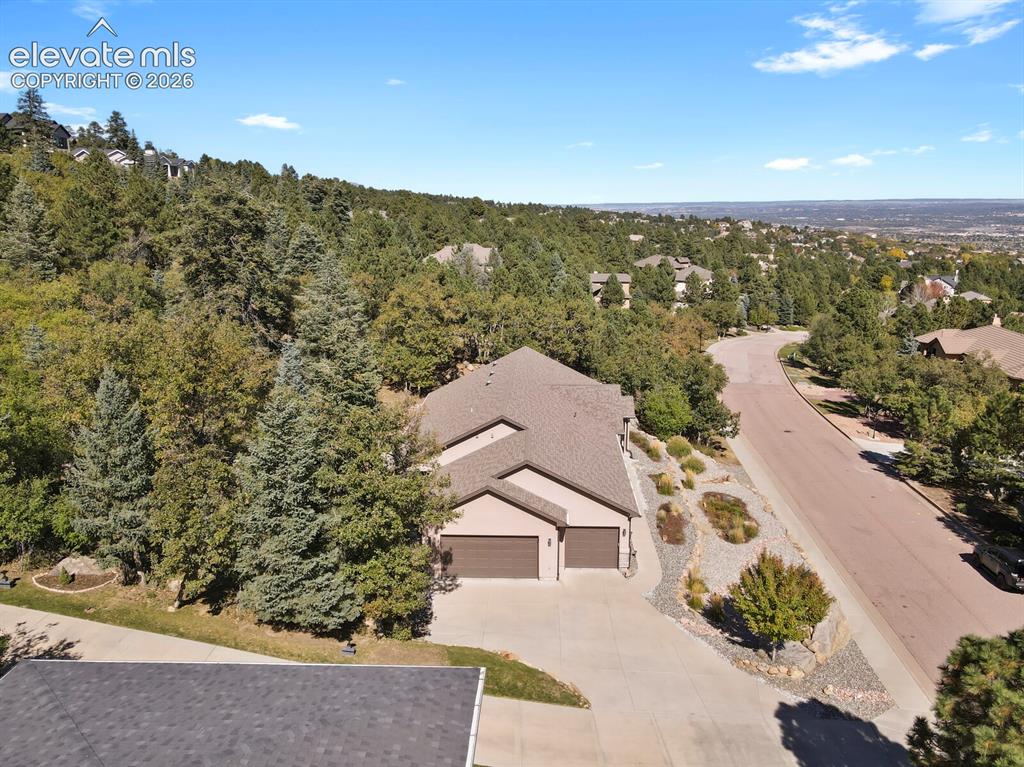 Image 42 of 46: Aerial perspective of a multi-car garage property featuring expansive everg
