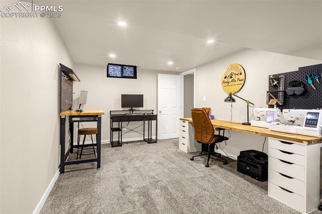 Image 27 of 36: Office area featuring carpet, recessed lighting, and baseboards