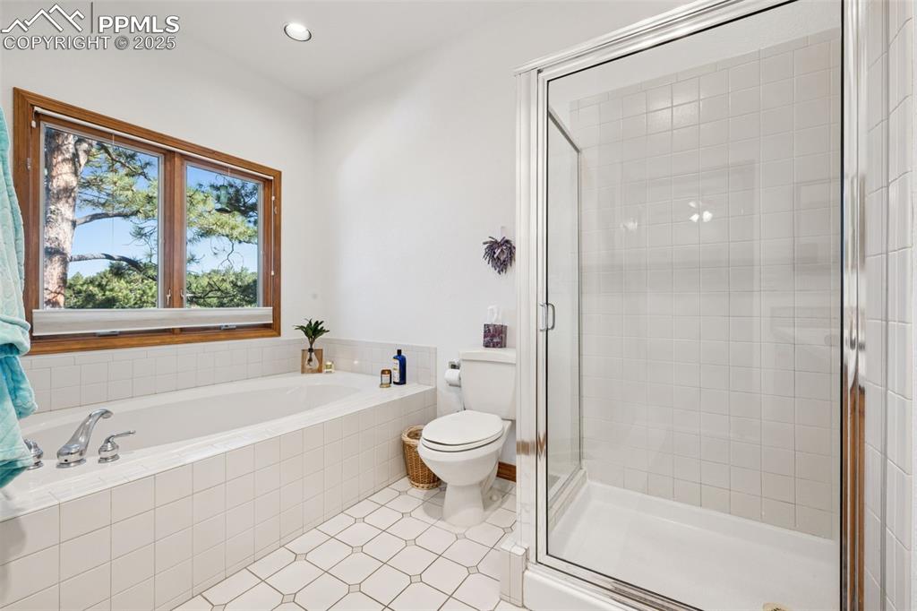 Image 22 of 39: Bathroom with a bath, a stall shower, recessed lighting, and light tile pat