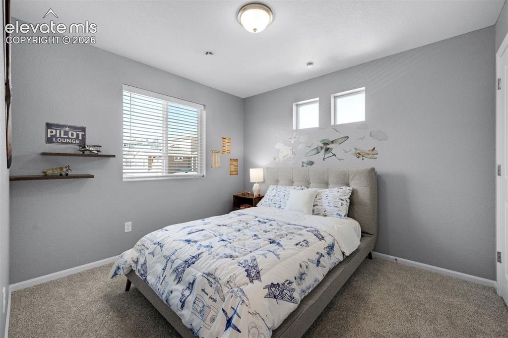 Image 27 of 35: Wall-to-wall carpeting with light gray walls, featuring a large window with