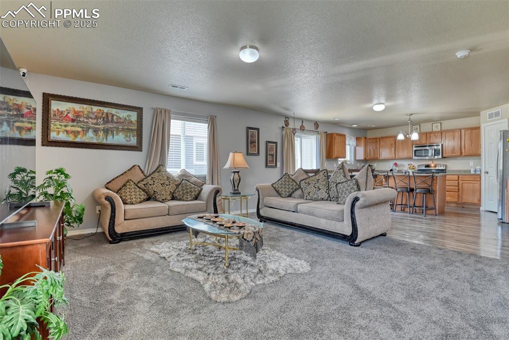Image 11 of 43: Living area with a textured ceiling and light carpet