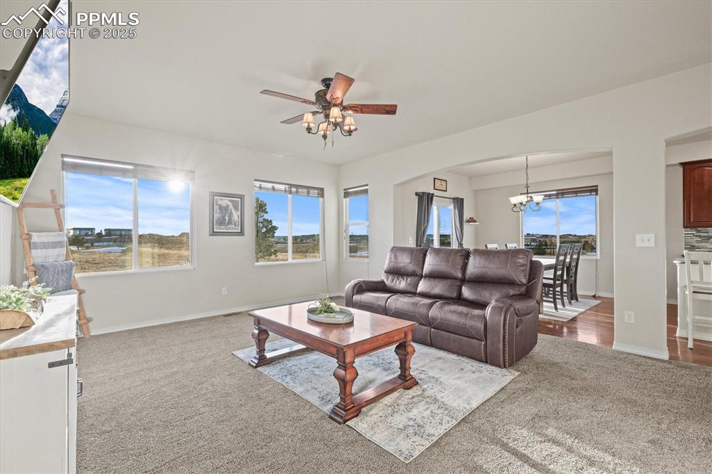 Image 15 of 46: Carpeted living area with plenty of natural light, baseboards, and ceiling