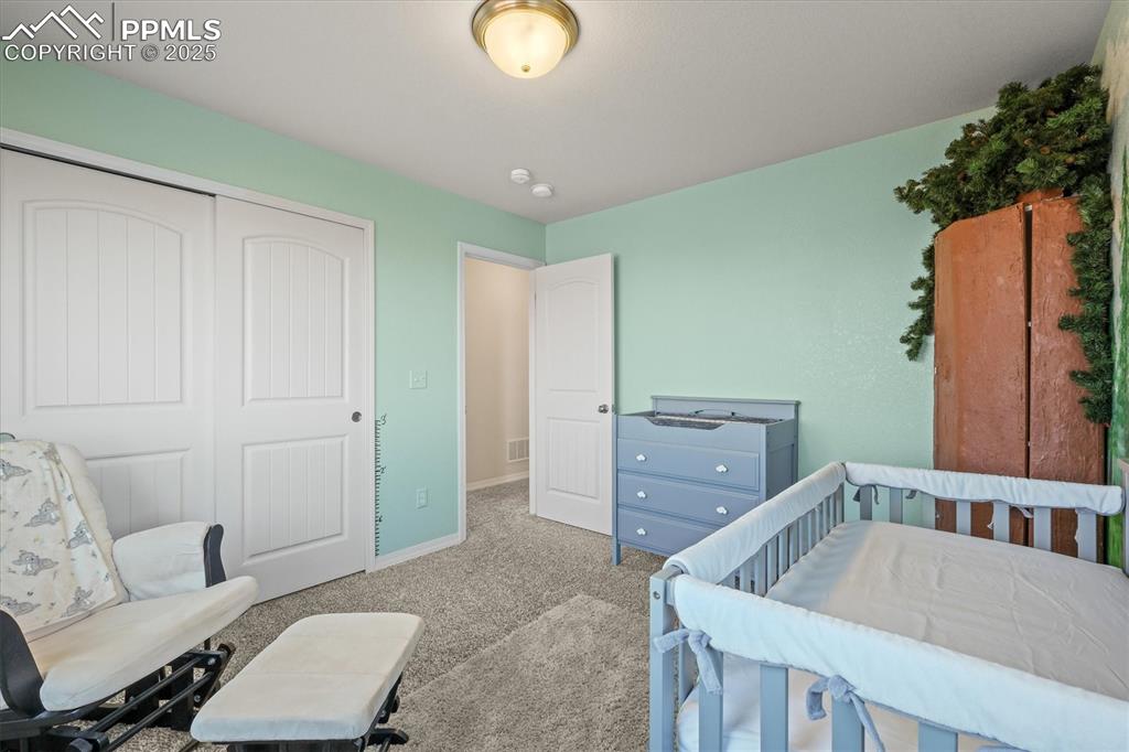 Image 27 of 46: Bedroom featuring a closet, carpet, visible vents, and baseboards