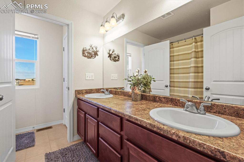 Image 29 of 46: Full bath featuring tile patterned flooring, visible vents, a sink, and dou