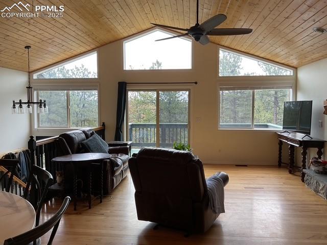 Image 22 of 39: Living room with wood ceiling, vaulted ceiling, plenty of natural light, ce