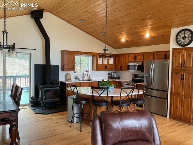 Image 23 of 39: Kitchen featuring stainless steel appliances, a wood stove, wood ceiling, l