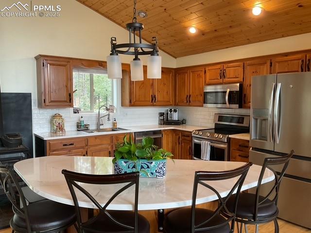 Image 26 of 39: Kitchen with stainless steel appliances, wood ceiling, a sink, brown cabine