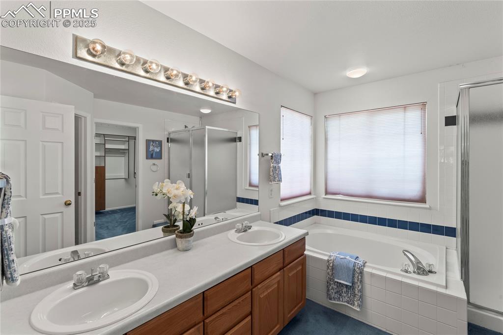 Image 36 of 49: Full bathroom with a shower stall, a walk in closet, double vanity, and a g