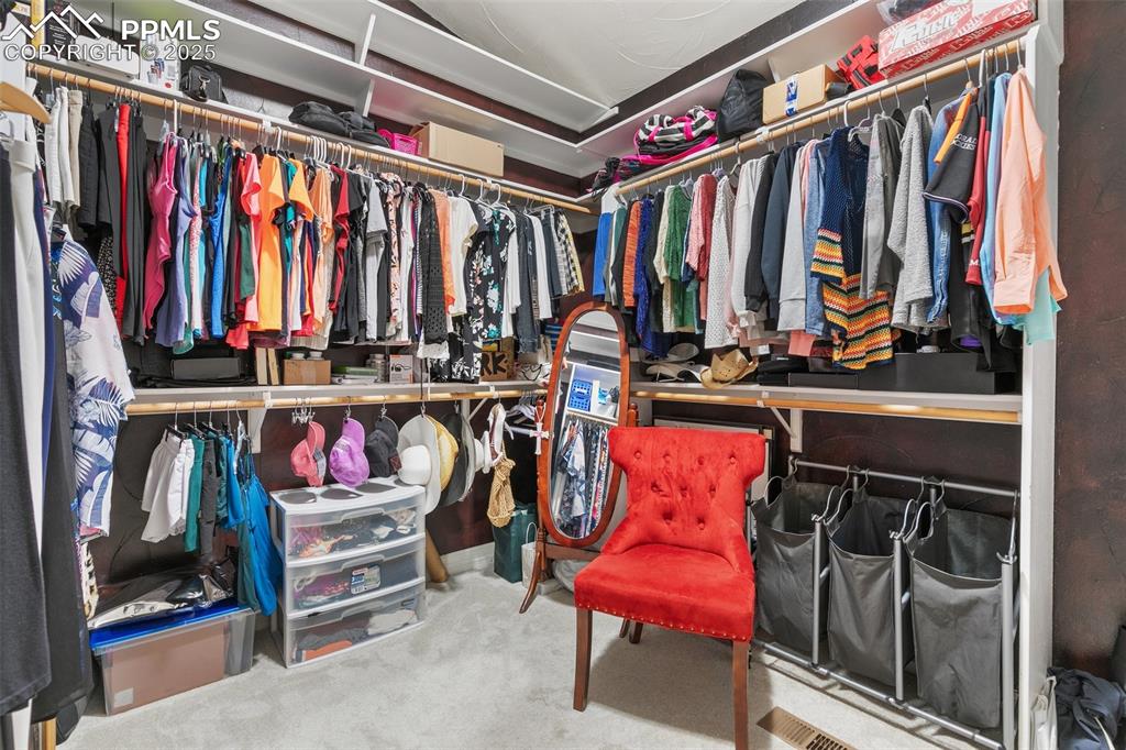 Image 34 of 50: Spacious closet with carpet flooring