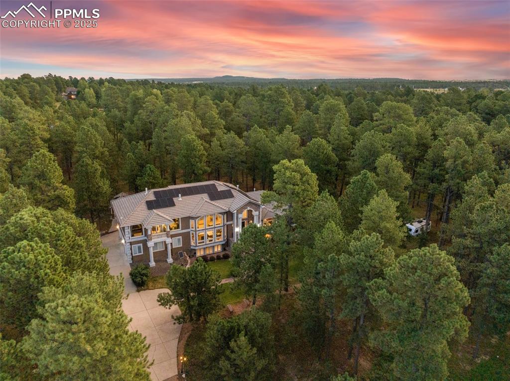 Image 49 of 50: Aerial view at dusk of a view of trees
