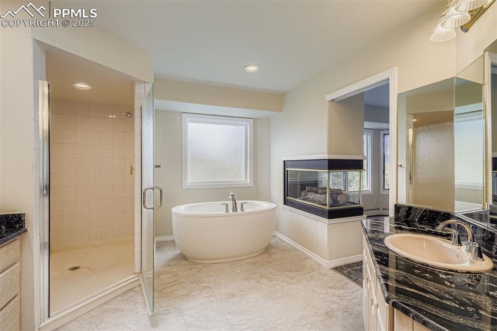 Image 21 of 35: Full bath with vanity, a freestanding bath, a freestanding shower, recessed