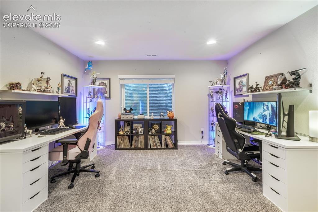 Image 29 of 50: Recessed lighting illumination, wall-to-wall carpeting, window with privacy