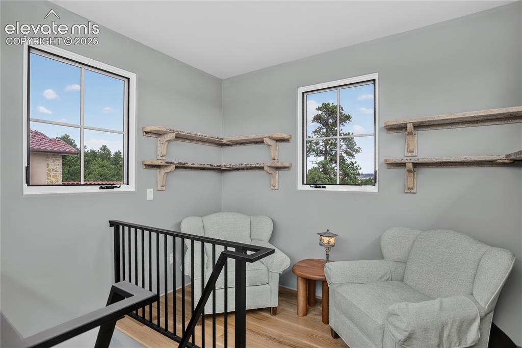 Image 30 of 46: Library loft with built-in shelving 