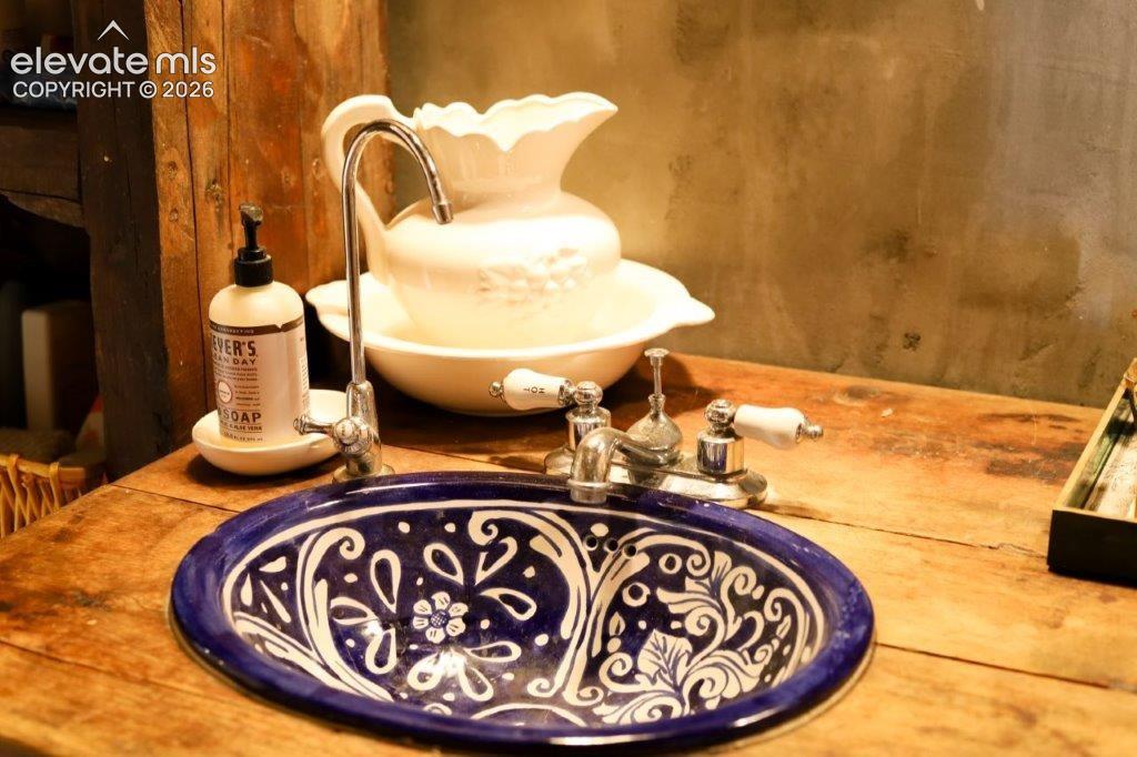 Image 34 of 50: Blue-and-white patterned basin sink set into a wood-finish countertop