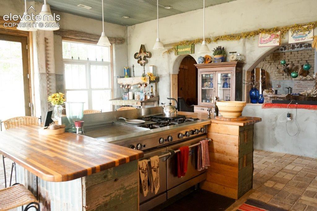 Image 7 of 50: Industrial-style kitchen featuring a professional-grade range, stainless st