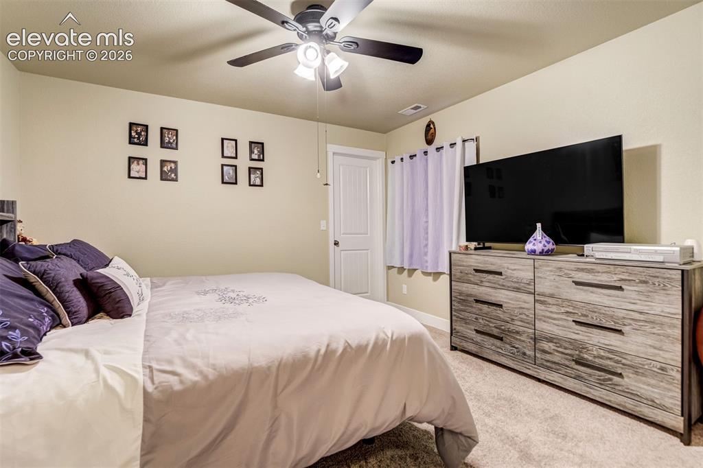 Image 32 of 42: Large basement bedroom has two closets, one is a walk-in.