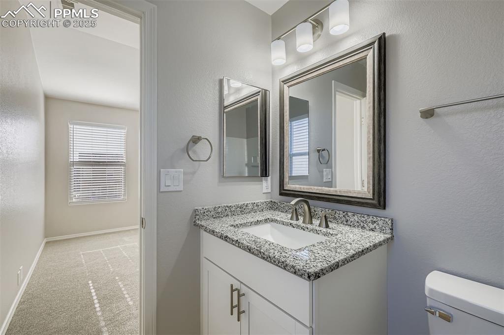 Image 13 of 22: Half bath featuring a textured wall, light carpet, and vanity