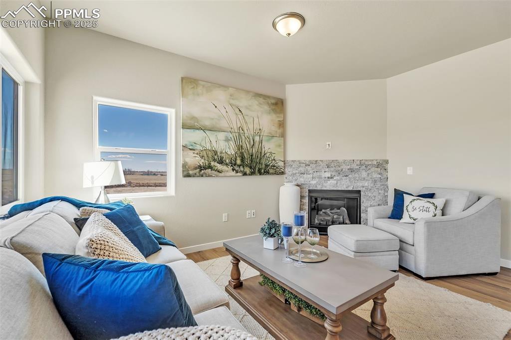 Image 12 of 46: Living area with wood finished floors and a fireplace