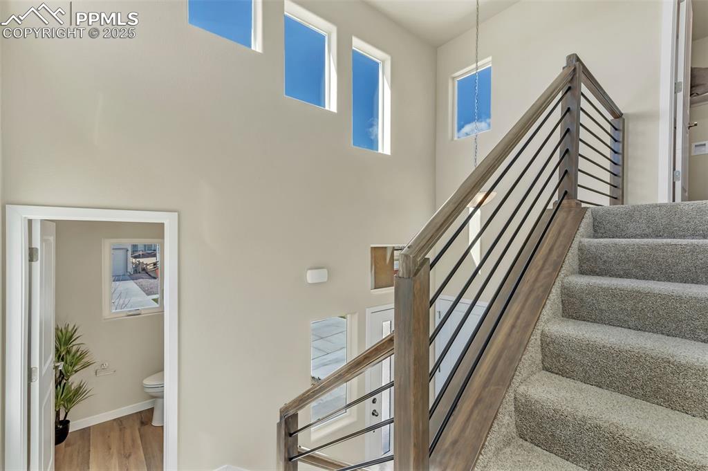 Image 24 of 46: Staircase with wood finished floors and baseboards
