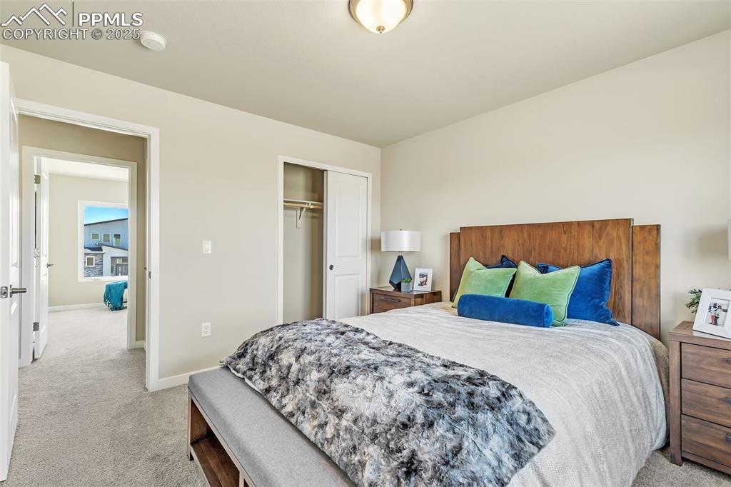 Image 39 of 46: Bedroom featuring light carpet and a closet