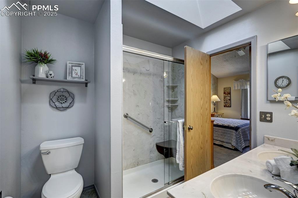 Image 25 of 43: Updated Primary ensuite w/ Walk-in Shower, Skylight, and Duel Vanity